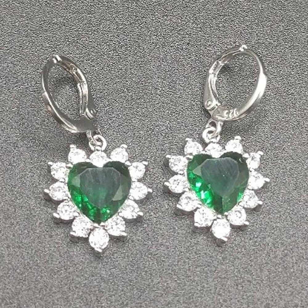 925 Silver Earrings Green Heart Lab Emerald CZ Diamonds BOHO VTG Fashion Gift